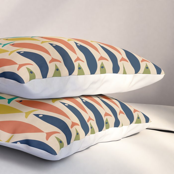  Midcentury Modern Multicolor Fish Stripes Pattern in Olive, Mustard, Orange, Teal, Beige Pillow Sham Gallery Image 3