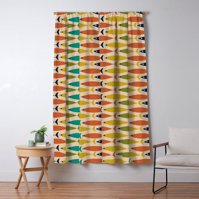  Midcentury Modern Multicolor Fish Stripes Pattern in Olive, Mustard, Orange, Teal, Beige Window Curtain Gallery Image 5