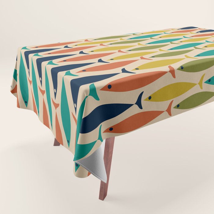  Midcentury Modern Multicolor Fish Stripes Pattern in Olive, Mustard, Orange, Teal, Beige Tablecloth Gallery Image 1