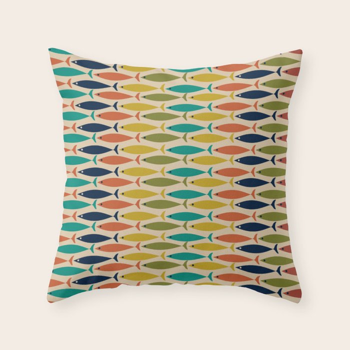  Midcentury Modern Multicolor Fish Stripes Pattern in Olive, Mustard, Orange, Teal, Beige Throw Pillow Gallery Image 6