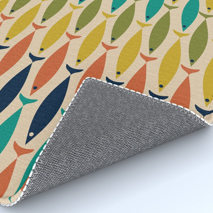  Midcentury Modern Multicolor Fish Stripes Pattern in Olive, Mustard, Orange, Teal, Beige Rug Gallery Image 4