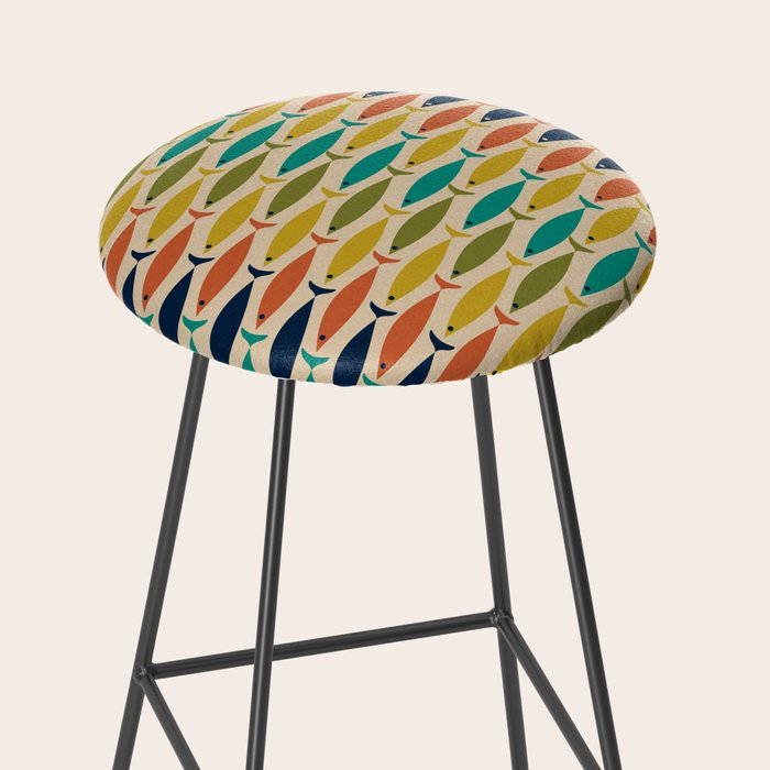  Midcentury Modern Multicolor Fish Stripes Pattern in Olive, Mustard, Orange, Teal, Beige Stool Gallery Image 2