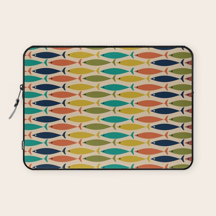 Midcentury Modern Multicolor Fish Stripes Pattern in Olive, Mustard, Orange, Teal, Beige Laptop Sleeve Gallery Image 1