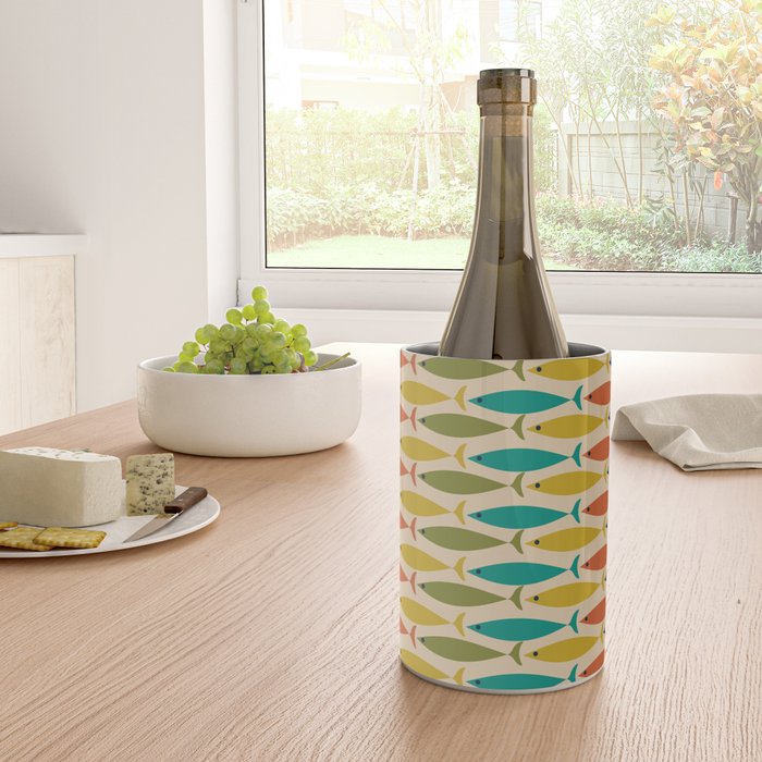  Midcentury Modern Multicolor Fish Stripes Pattern in Olive, Mustard, Orange, Teal, Beige Wine Chiller Gallery Image 4