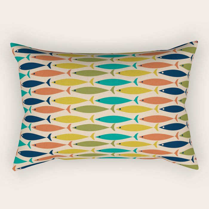  Midcentury Modern Multicolor Fish Stripes Pattern in Olive, Mustard, Orange, Teal, Beige Rectangular Pillow Gallery Image 2