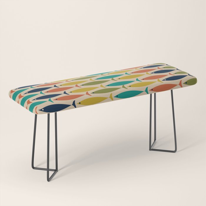  Midcentury Modern Multicolor Fish Stripes Pattern in Olive, Mustard, Orange, Teal, Beige Bench Gallery Image 1