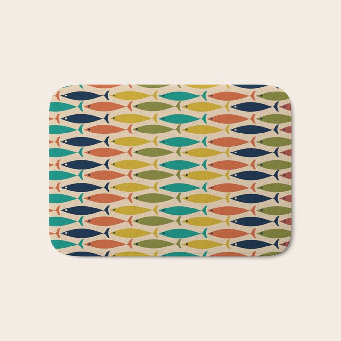  Midcentury Modern Multicolor Fish Stripes Pattern in Olive, Mustard, Orange, Teal, Beige Bath Mat Gallery Image 1