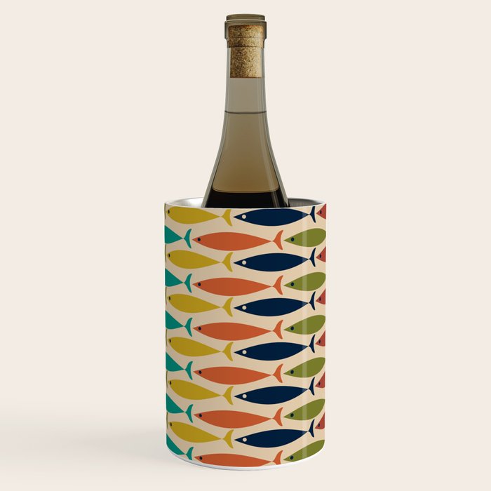  Midcentury Modern Multicolor Fish Stripes Pattern in Olive, Mustard, Orange, Teal, Beige Wine Chiller Gallery Image 3