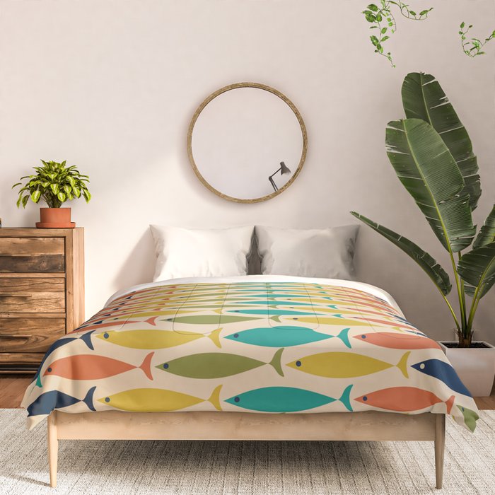  Midcentury Modern Multicolor Fish Stripes Pattern in Olive, Mustard, Orange, Teal, Beige Comforter Gallery Image 3