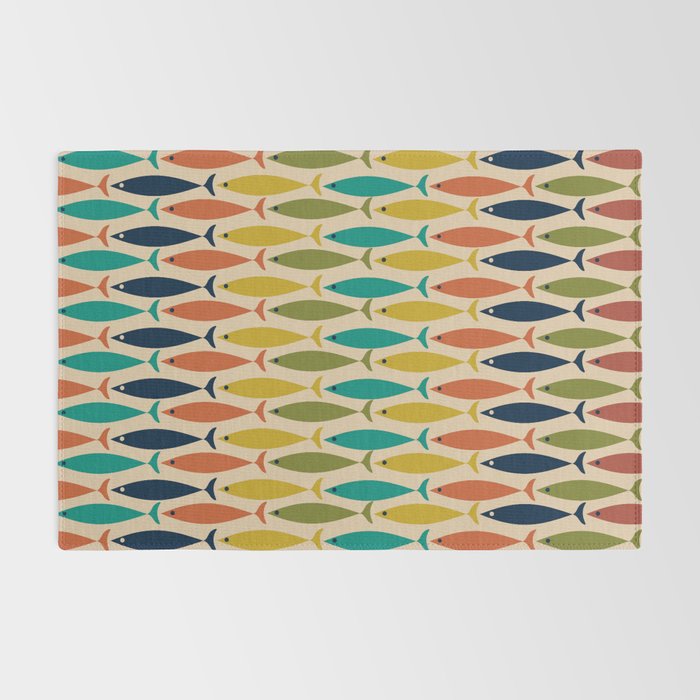  Midcentury Modern Multicolor Fish Stripes Pattern in Olive, Mustard, Orange, Teal, Beige Rug Gallery Image 2