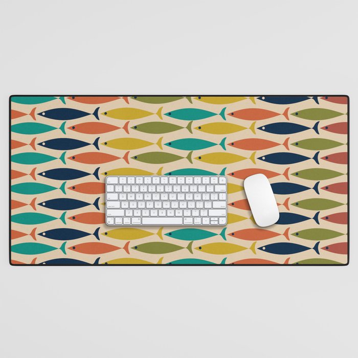 Midcentury Modern Multicolor Fish Stripes Pattern in Olive, Mustard, Orange, Teal, Beige Desk Mat Gallery Image 1