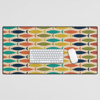  Midcentury Modern Multicolor Fish Stripes Pattern in Olive, Mustard, Orange, Teal, Beige Desk Mat Gallery Image 1