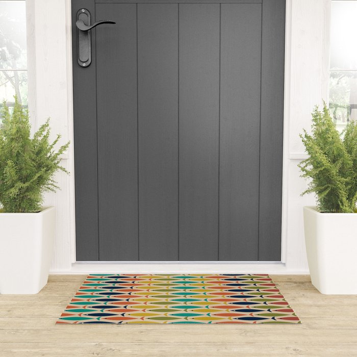  Midcentury Modern Multicolor Fish Stripes Pattern in Olive, Mustard, Orange, Teal, Beige Welcome Mat Gallery Image 3