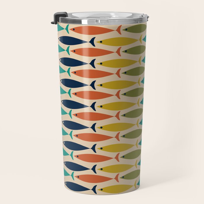  Midcentury Modern Multicolor Fish Stripes Pattern in Olive, Mustard, Orange, Teal, Beige Travel Mug Gallery Image 3