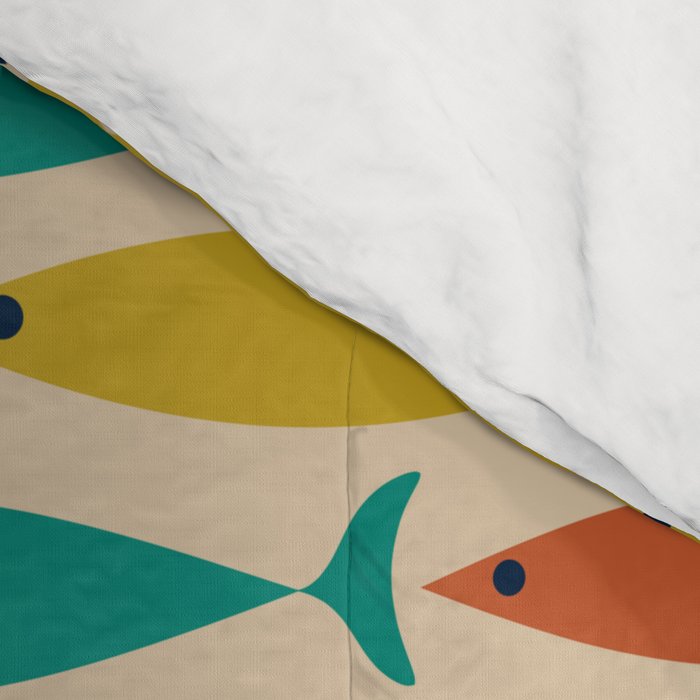  Midcentury Modern Multicolor Fish Stripes Pattern in Olive, Mustard, Orange, Teal, Beige Comforter Gallery Image 4