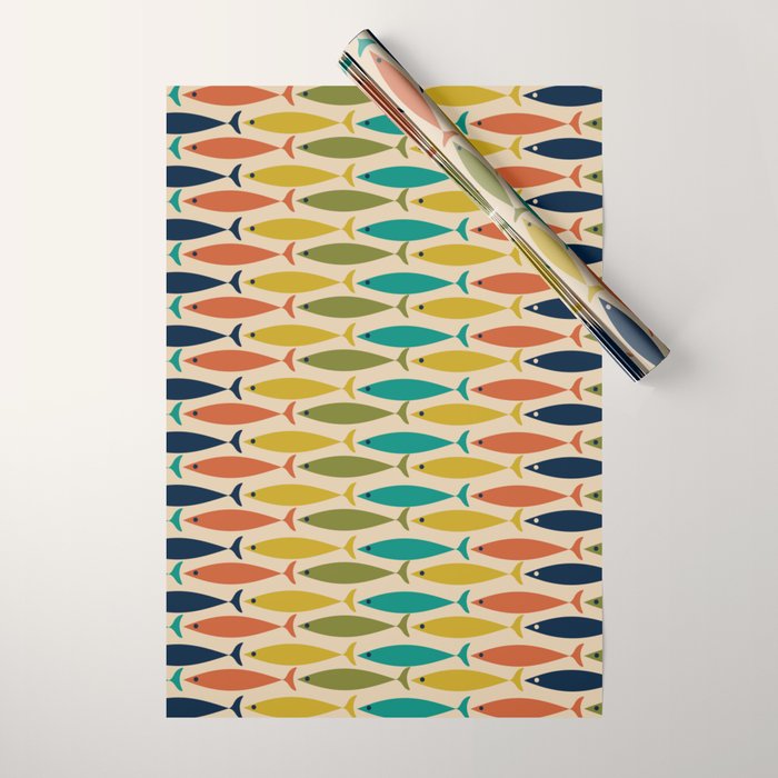  Midcentury Modern Multicolor Fish Stripes Pattern in Olive, Mustard, Orange, Teal, Beige Wrapping Paper Gallery Image 1