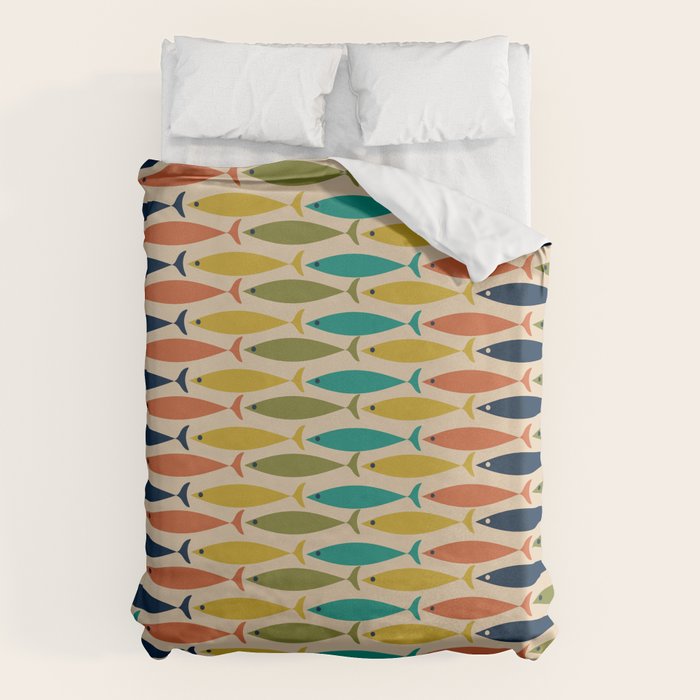  Midcentury Modern Multicolor Fish Stripes Pattern in Olive, Mustard, Orange, Teal, Beige Duvet Cover Gallery Image 1