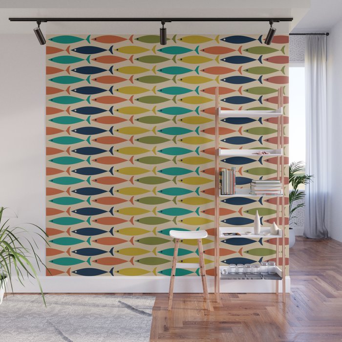  Midcentury Modern Multicolor Fish Stripes Pattern in Olive, Mustard, Orange, Teal, Beige Wall Mural Gallery Image 1