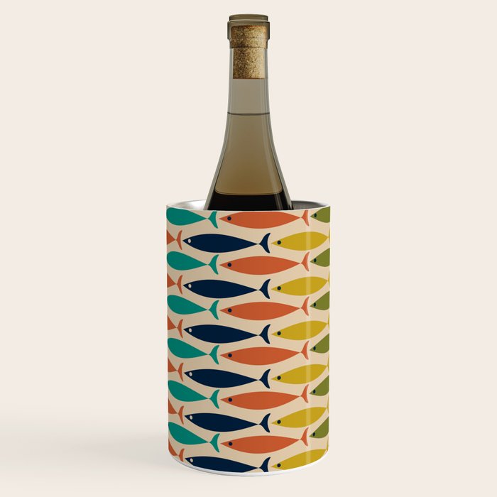  Midcentury Modern Multicolor Fish Stripes Pattern in Olive, Mustard, Orange, Teal, Beige Wine Chiller Gallery Image 2