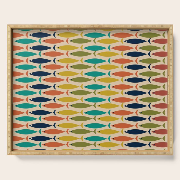  Midcentury Modern Multicolor Fish Stripes Pattern in Olive, Mustard, Orange, Teal, Beige Serving Tray Gallery Image 1