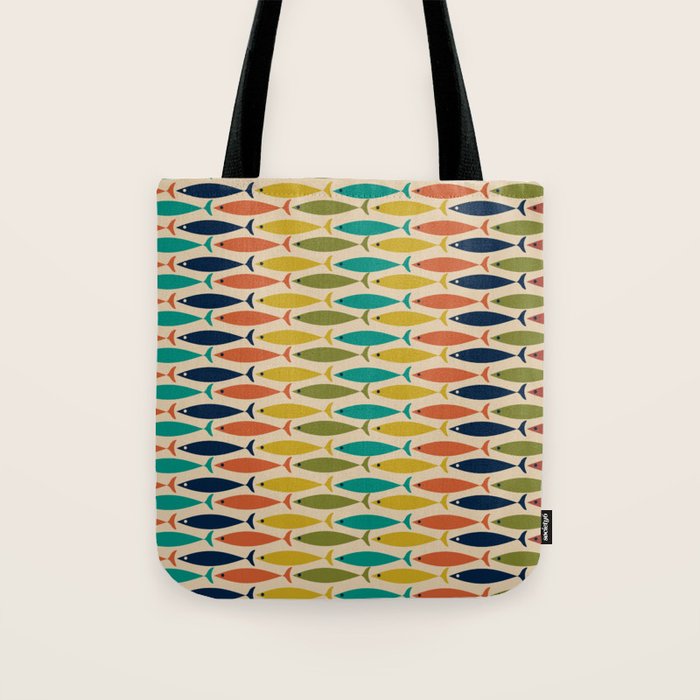  Midcentury Modern Multicolor Fish Stripes Pattern in Olive, Mustard, Orange, Teal, Beige Tote Bag Gallery Image 1