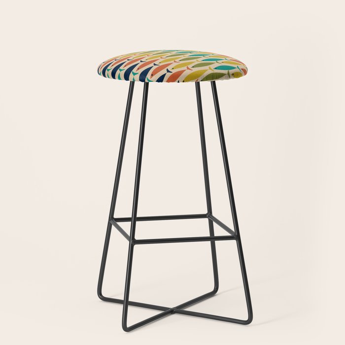  Midcentury Modern Multicolor Fish Stripes Pattern in Olive, Mustard, Orange, Teal, Beige Stool Gallery Image 1