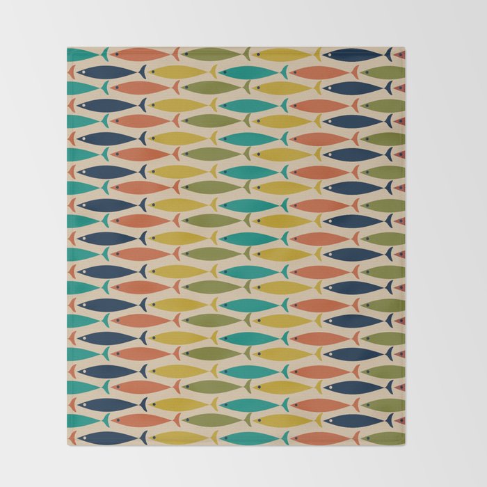  Midcentury Modern Multicolor Fish Stripes Pattern in Olive, Mustard, Orange, Teal, Beige Throw Blanket Gallery Image 2