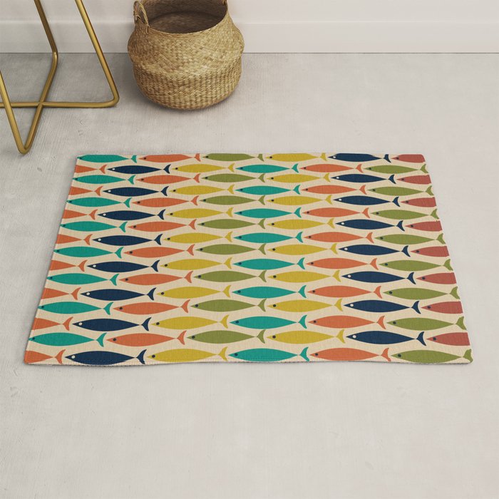  Midcentury Modern Multicolor Fish Stripes Pattern in Olive, Mustard, Orange, Teal, Beige Rug Gallery Image 1