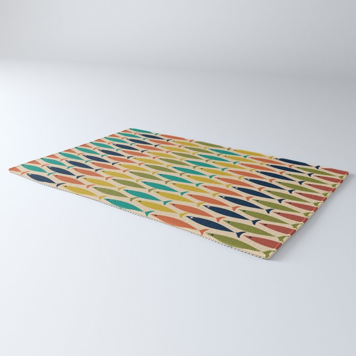  Midcentury Modern Multicolor Fish Stripes Pattern in Olive, Mustard, Orange, Teal, Beige Rug Gallery Image 3