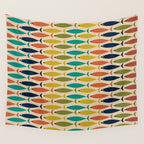  Midcentury Modern Multicolor Fish Stripes Pattern in Olive, Mustard, Orange, Teal, Beige Wall Tapestry Gallery Image 4