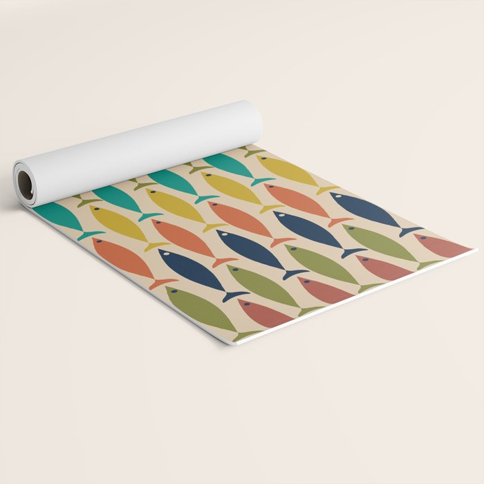  Midcentury Modern Multicolor Fish Stripes Pattern in Olive, Mustard, Orange, Teal, Beige Yoga Mat Gallery Image 2