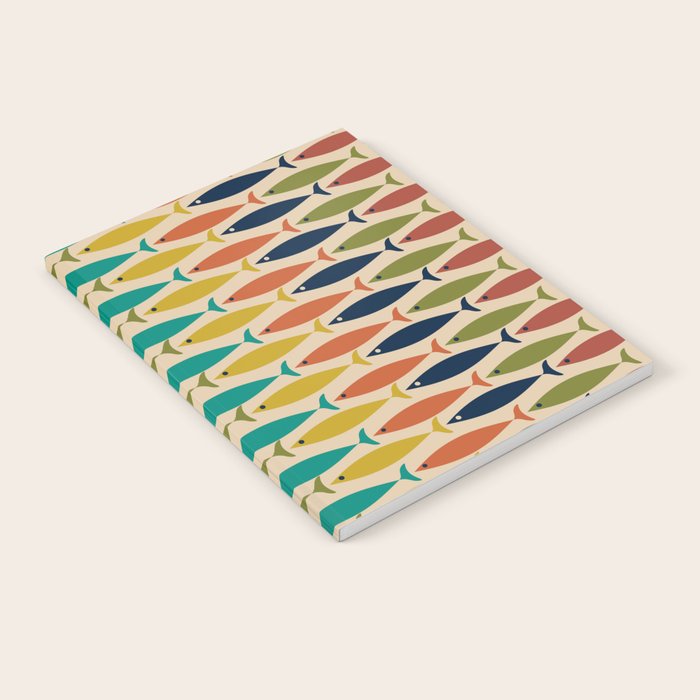  Midcentury Modern Multicolor Fish Stripes Pattern in Olive, Mustard, Orange, Teal, Beige Notebook Gallery Image 2