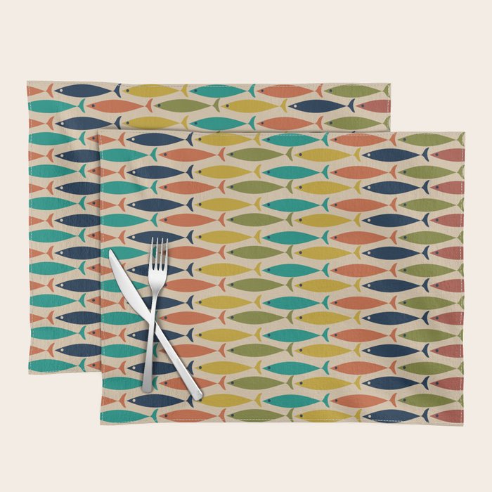  Midcentury Modern Multicolor Fish Stripes Pattern in Olive, Mustard, Orange, Teal, Beige Placemat Gallery Image 1