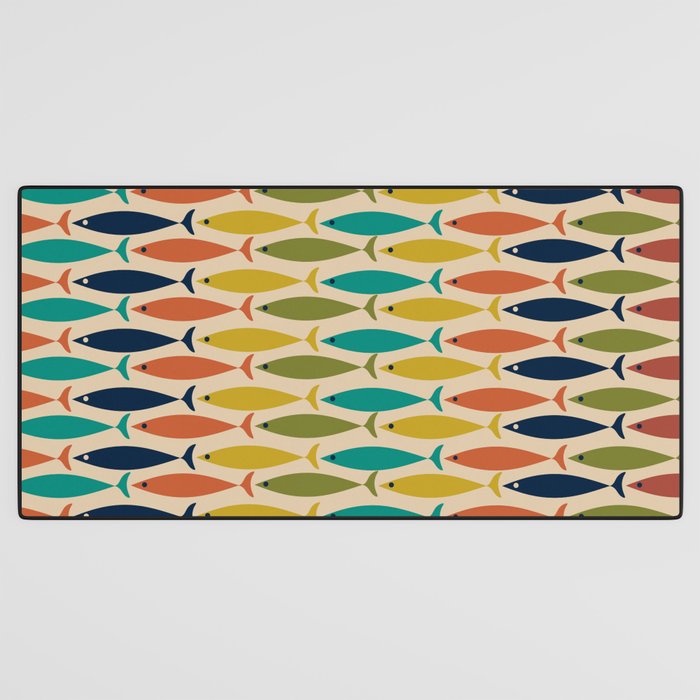  Midcentury Modern Multicolor Fish Stripes Pattern in Olive, Mustard, Orange, Teal, Beige Desk Mat Gallery Image 3
