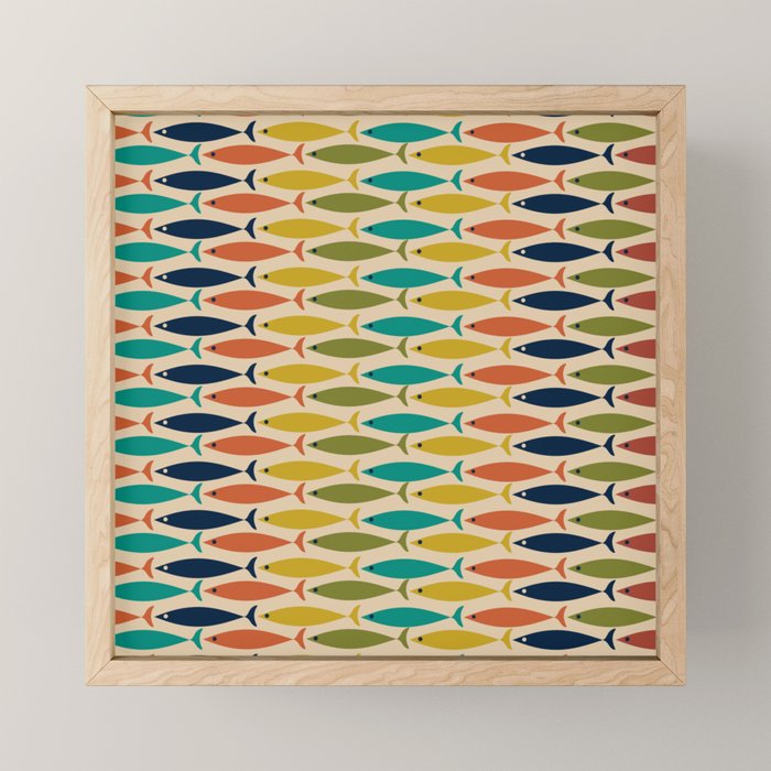  Midcentury Modern Multicolor Fish Stripes Pattern in Olive, Mustard, Orange, Teal, Beige Mini Art Print Gallery Image 1