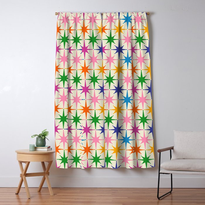 Colorful Retro Starbursts Mid Century Modern Atomic Star Pattern Window Curtain Gallery Image 5