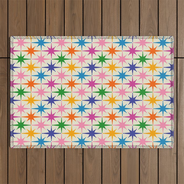 Colorful Retro Starbursts Mid Century Modern Atomic Star Pattern Outdoor Rug Gallery Image 1