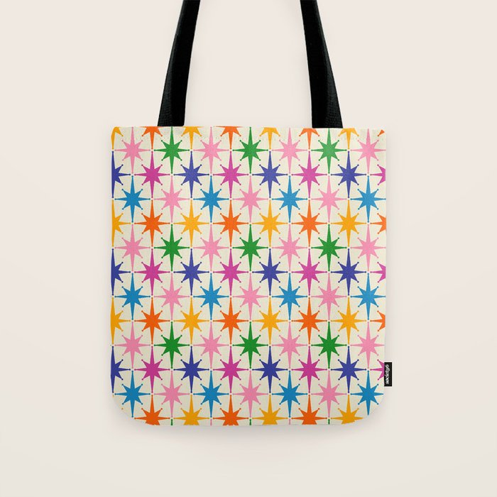 Colorful Retro Starbursts Mid Century Modern Atomic Star Pattern Tote Bag Gallery Image 1