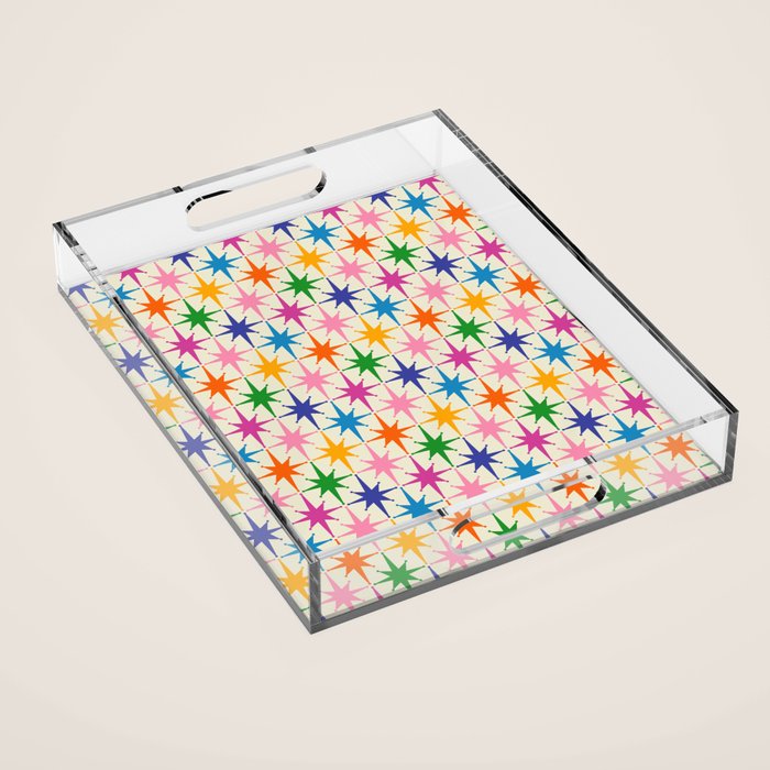 Colorful Retro Starbursts Mid Century Modern Atomic Star Pattern Acrylic Tray Gallery Image 1