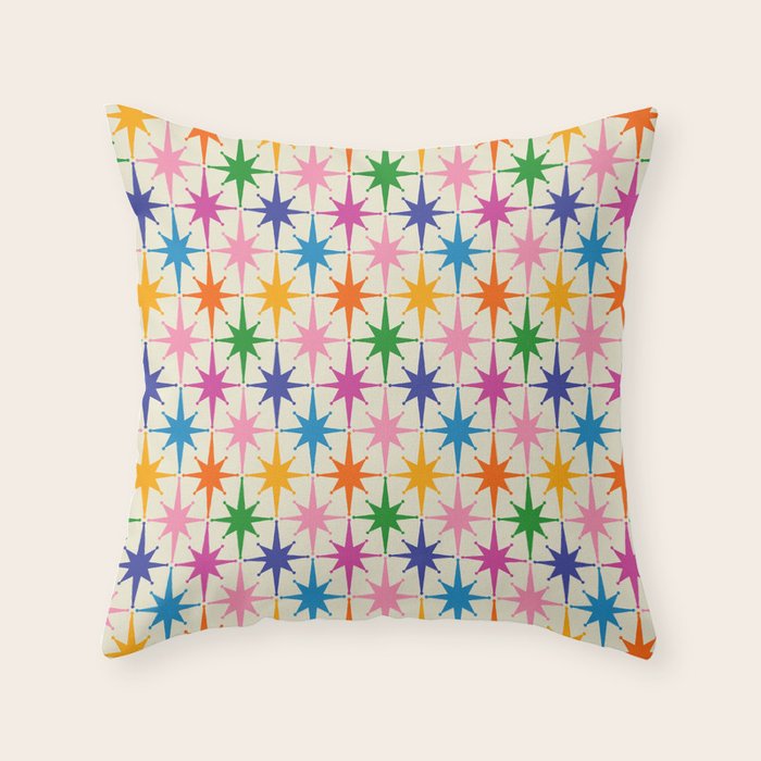 Colorful Retro Starbursts Mid Century Modern Atomic Star Pattern Throw Pillow Gallery Image 1