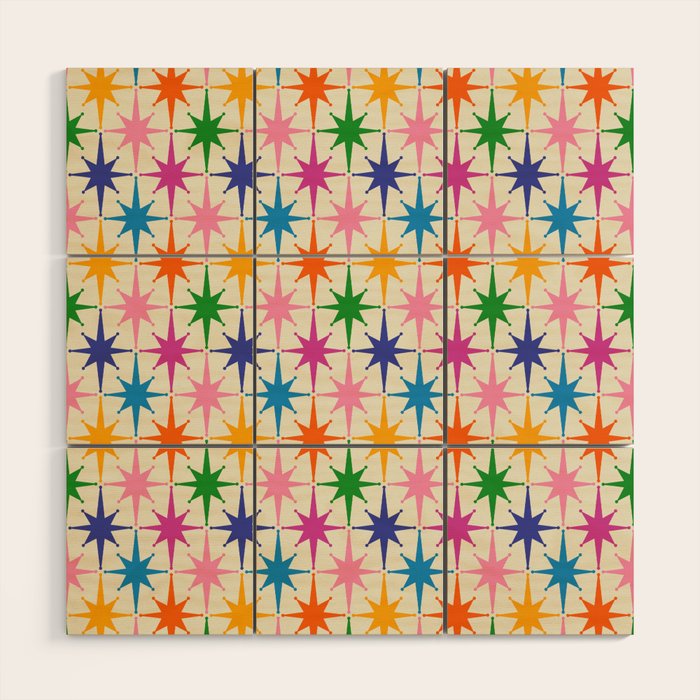 Colorful Retro Starbursts Mid Century Modern Atomic Star Pattern Wood Wall Art Gallery Image 1