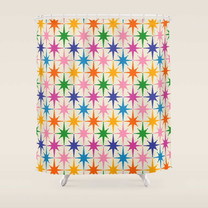 Colorful Retro Starbursts Mid Century Modern Atomic Star Pattern Shower Curtain Gallery Image 1