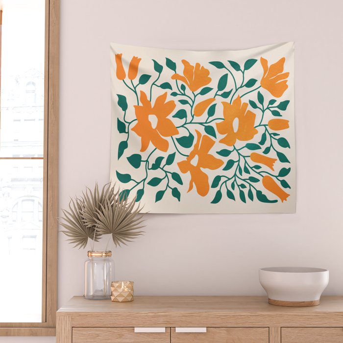 Tangerine & Pine: Matisse Flowers & Leaves Wall Tapestry Gallery Image 2