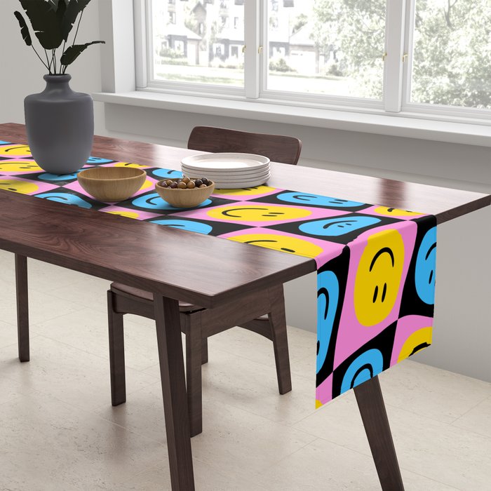 Retro happy smiling face checkered pattern Table Runner Gallery Image 2