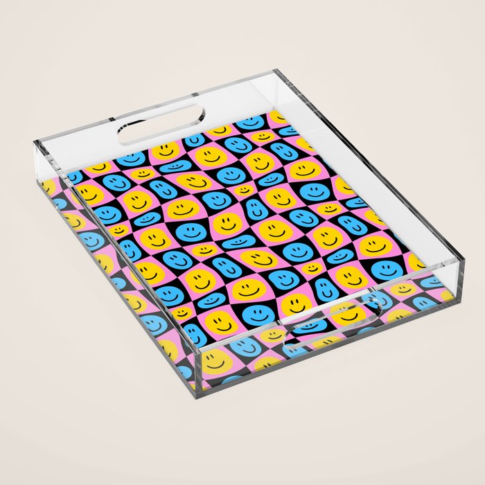 Retro happy smiling face checkered pattern Acrylic Tray Gallery Image 1