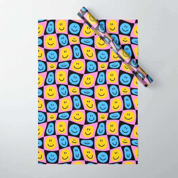Retro happy smiling face checkered pattern Wrapping Paper Gallery Image 1
