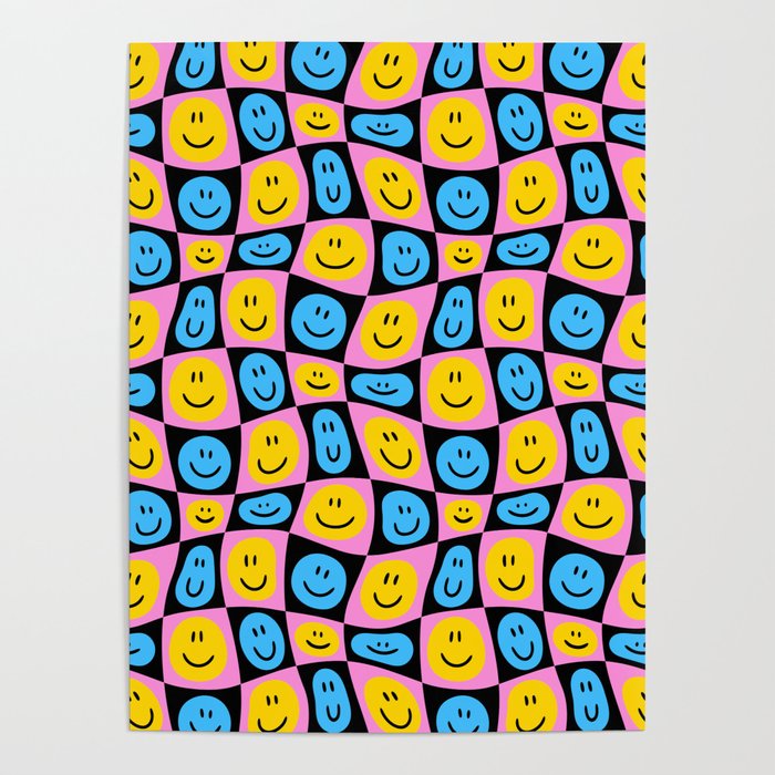 Retro happy smiling face checkered pattern Poster Gallery Image 1