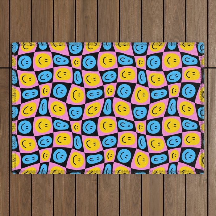 Retro happy smiling face checkered pattern Outdoor Rug Gallery Image 1
