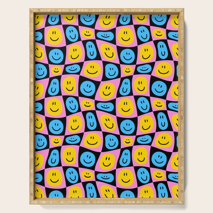 Retro happy smiling face checkered pattern Serving Tray Gallery Image 1