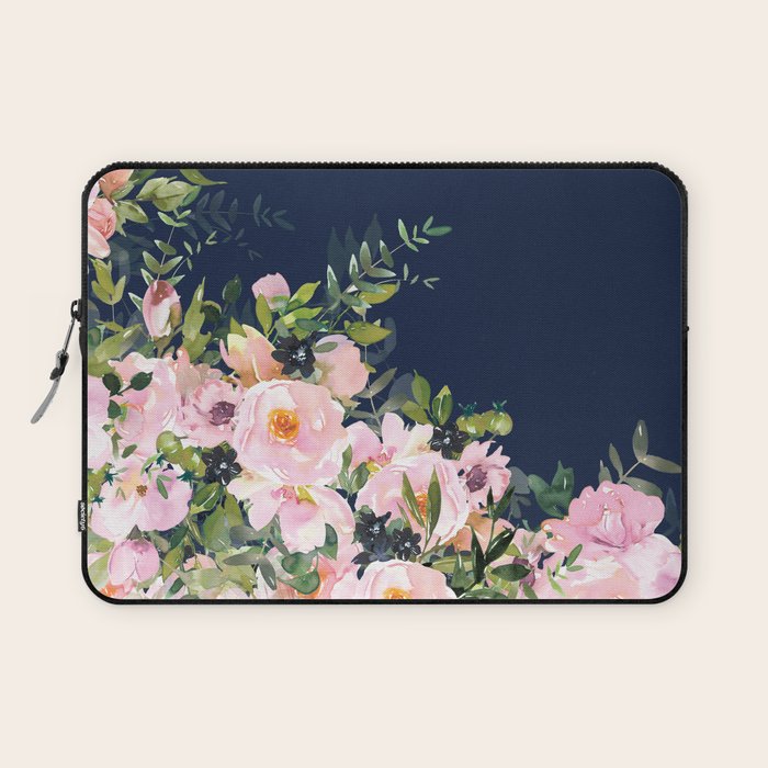 Boho, Floral Watercolor, Roses, Navy Blue and Pink Laptop Sleeve Gallery Image 1